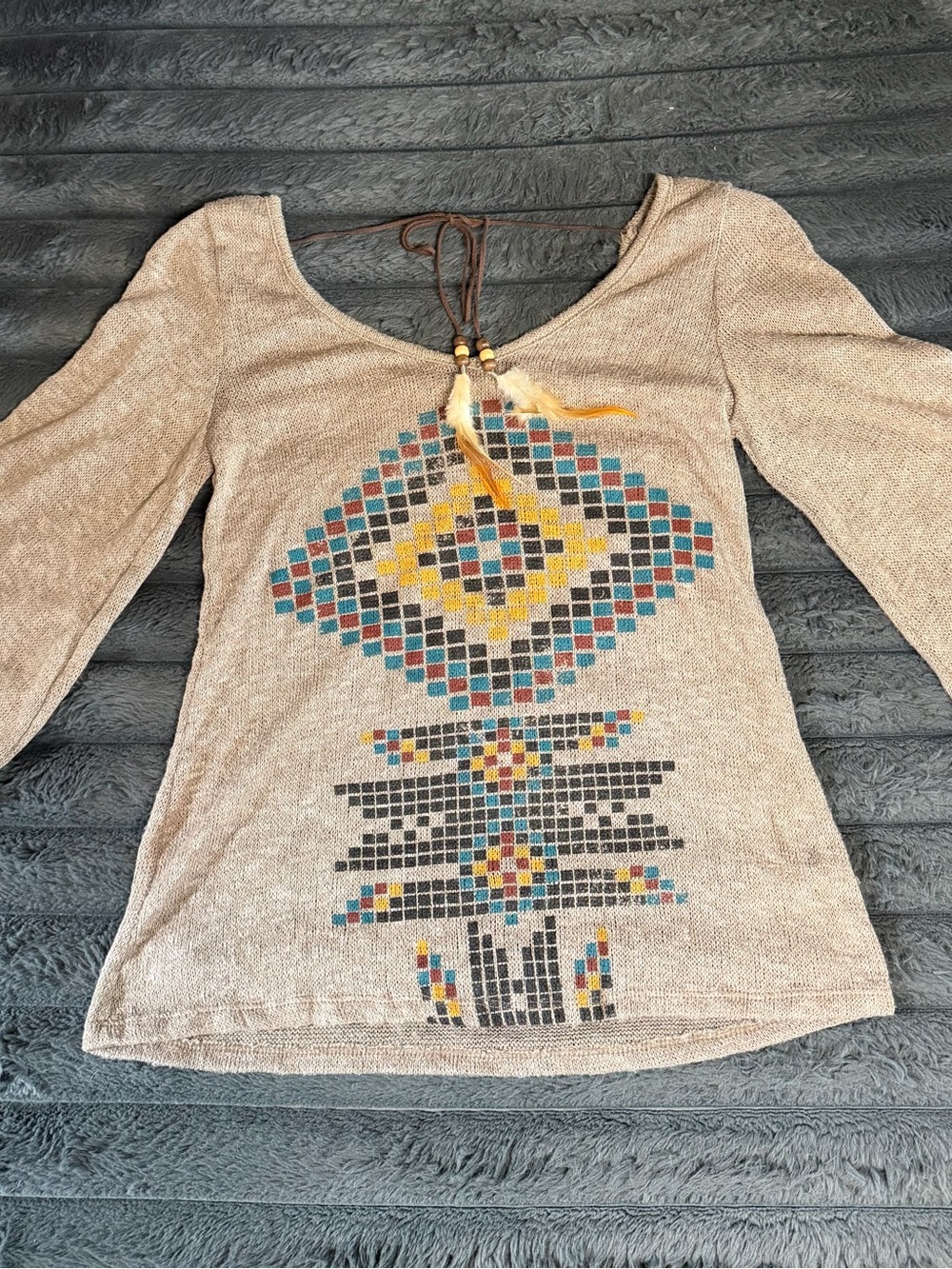 julie's closet Taupe Long Sleeve Top with Multicolor Aztec Print